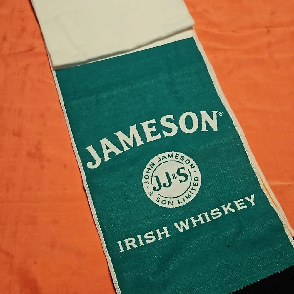 💰 VTG Jameson neck scarf whiskey green cream stripes fringe.